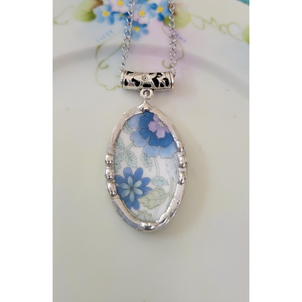 Broken China Soldered Pendant Necklace - Wedgwood Clementine Blue Flowers